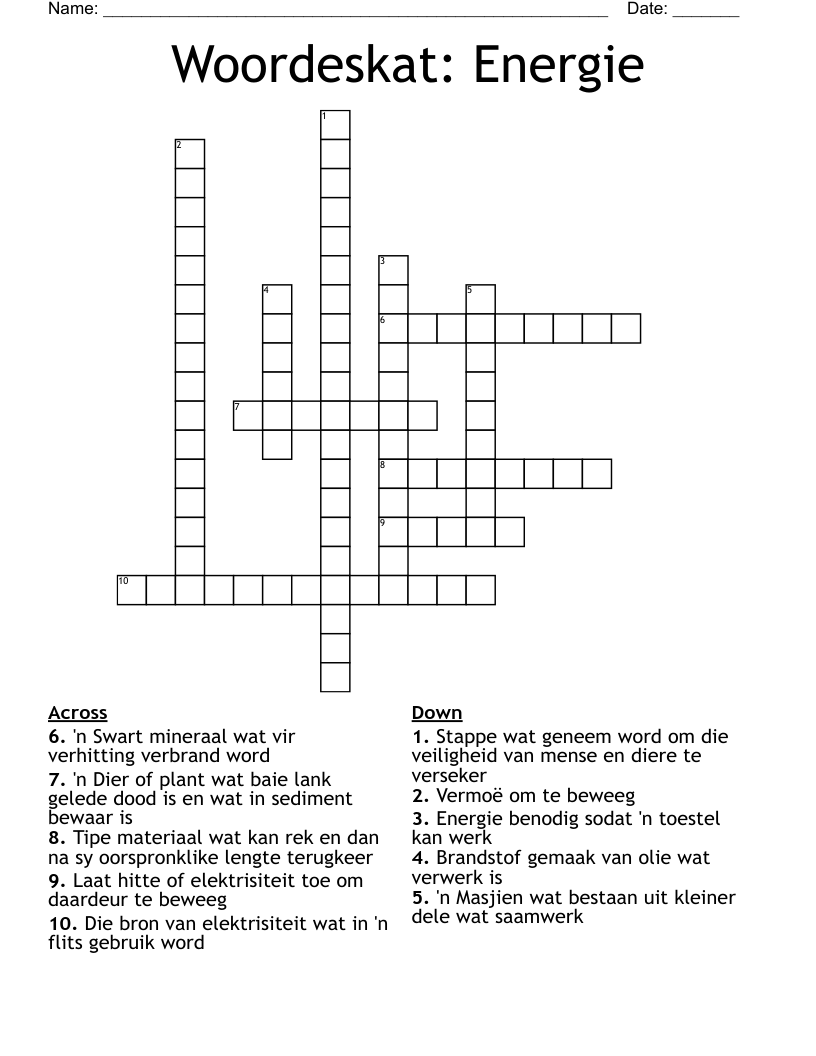 Woordeskat: Energie Crossword