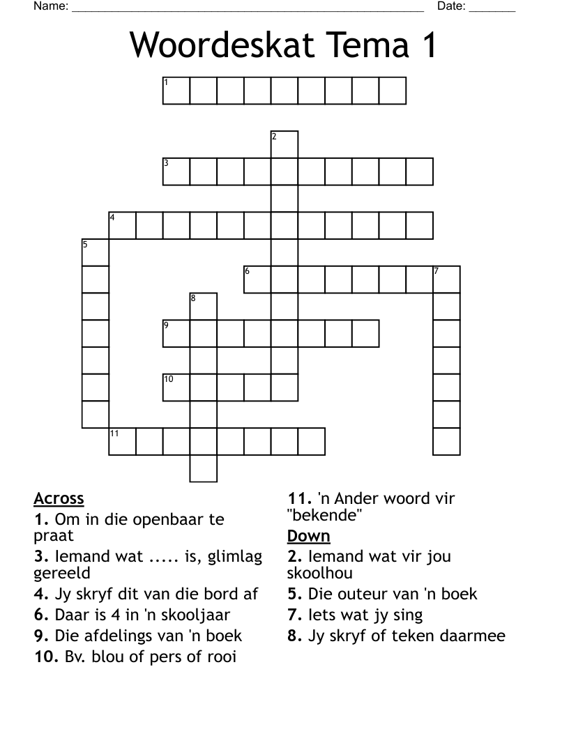 Woordeskat Tema 1 Crossword