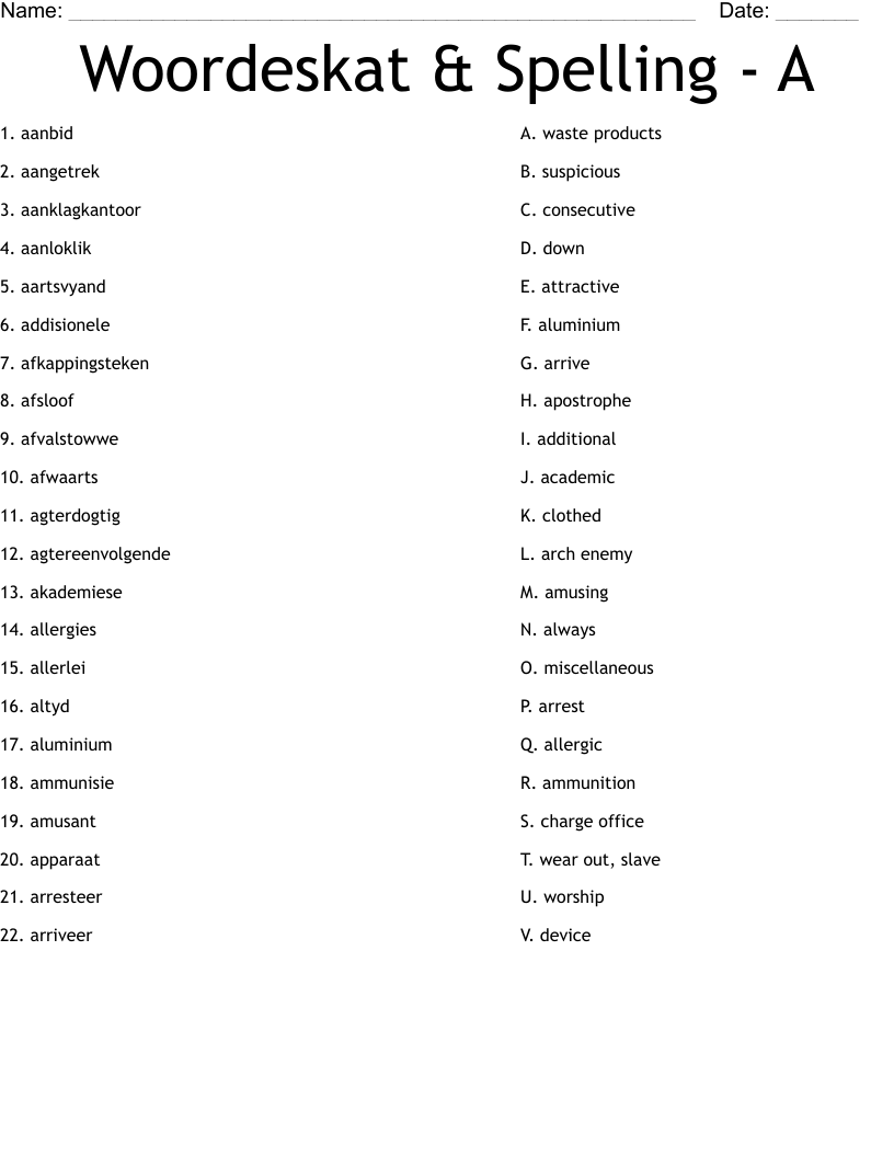 Woordeskat & Spelling - A Worksheet