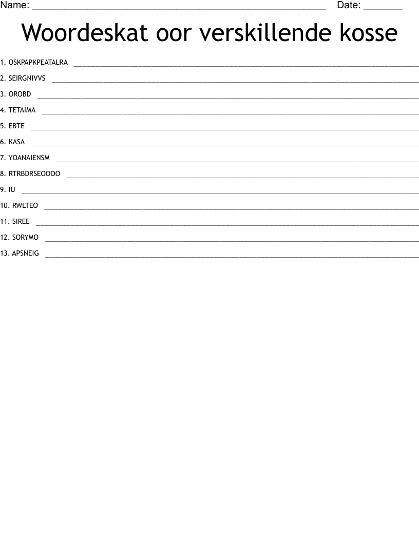 Woordeskat oor verskillende kosse Word Scramble