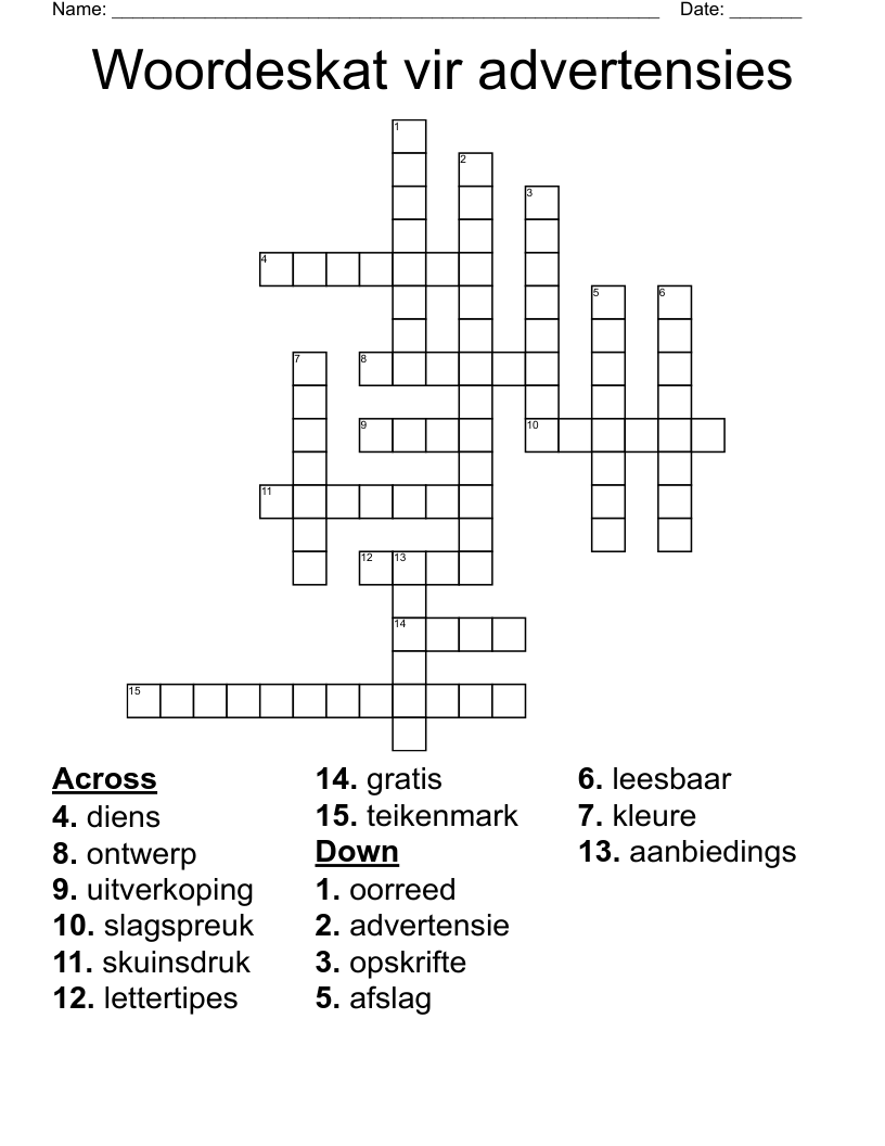 Woordeskat vir advertensies Crossword