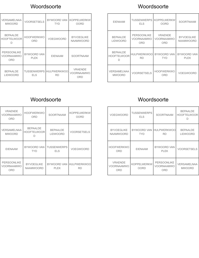 Woordsoorte Bingo Cards