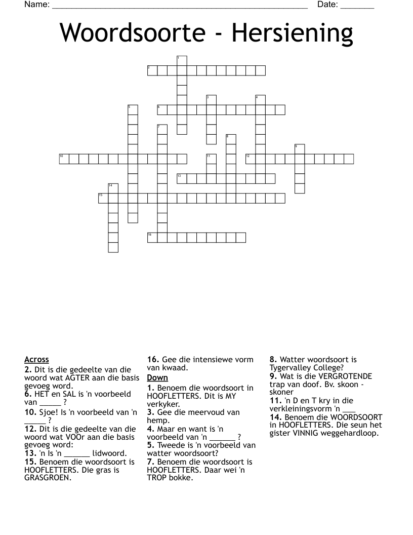Woordsoorte - Hersiening Crossword