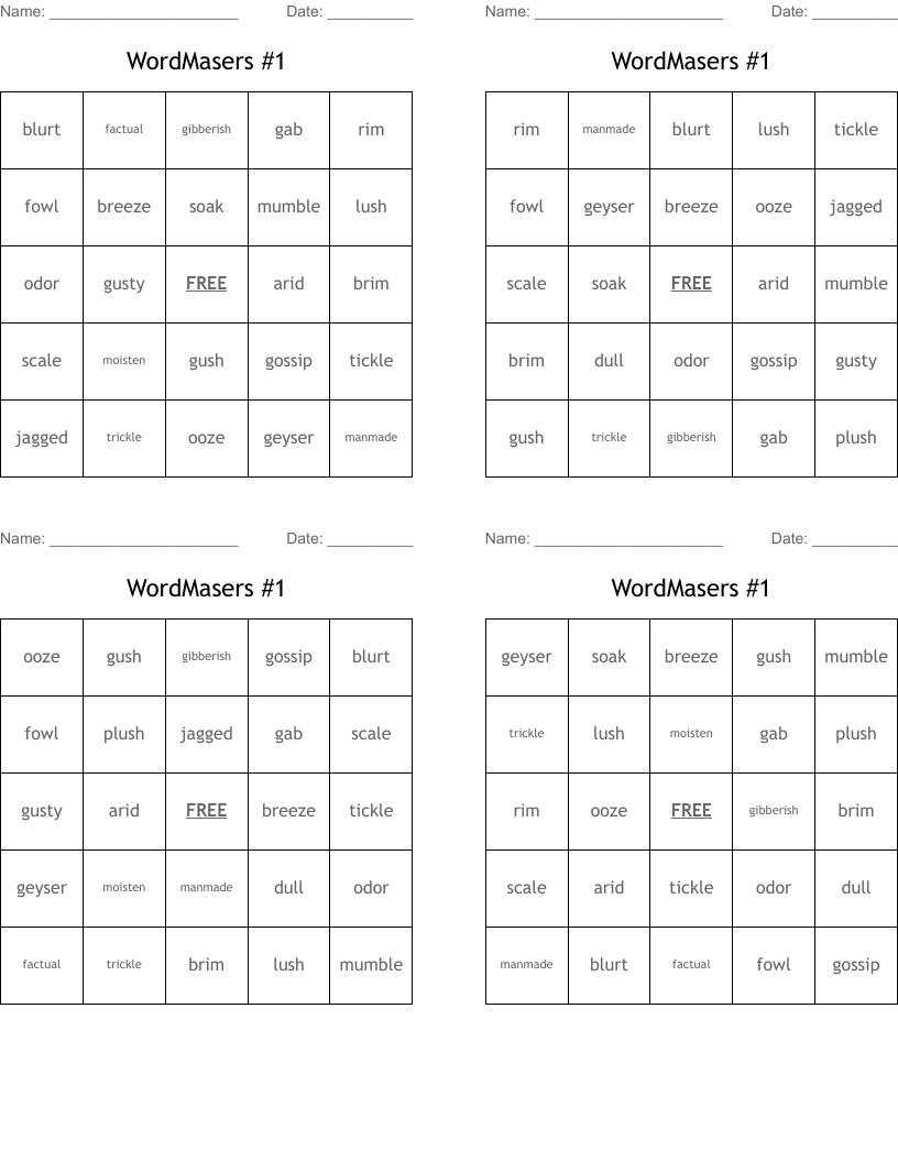 WordMasers #1 Bingo Cards