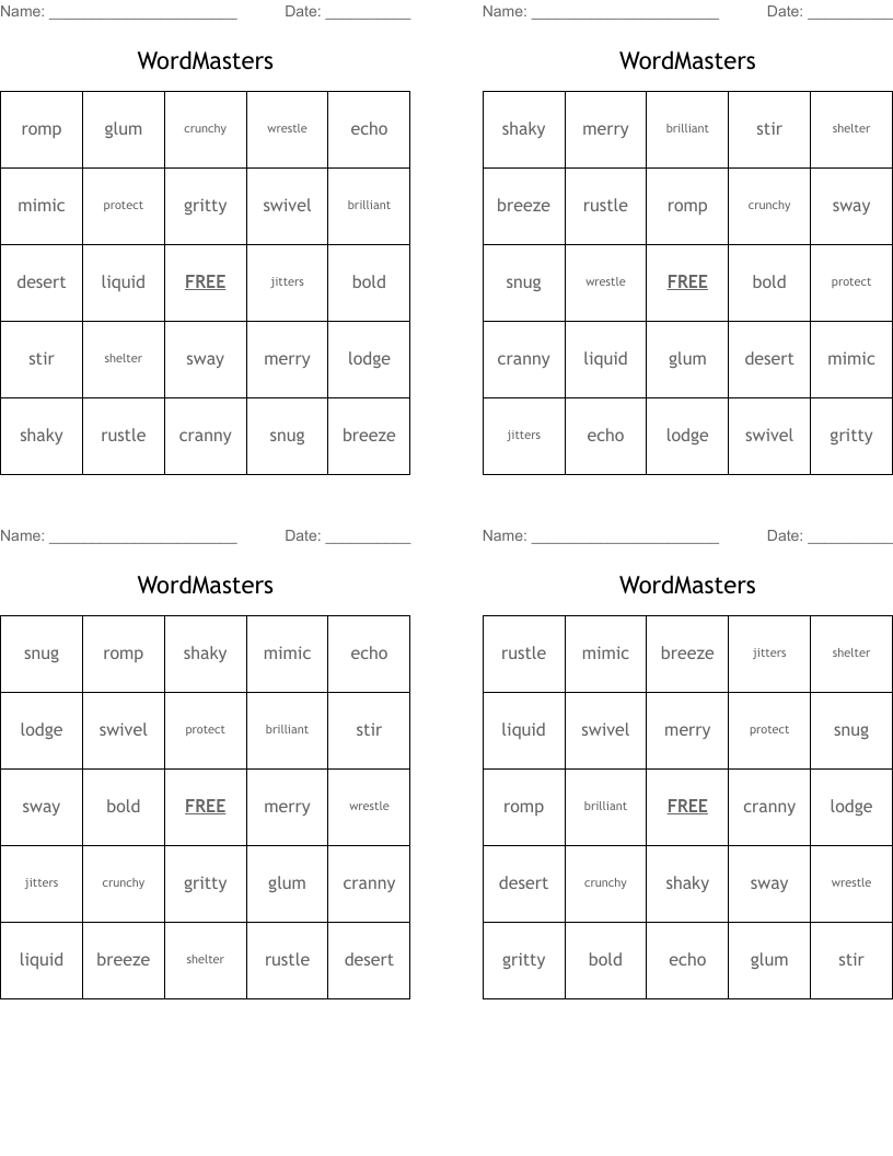 WordMasters Bingo Cards