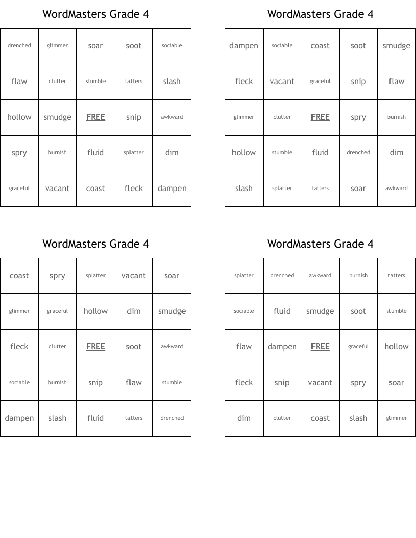 WordMasters Grade 4 Bingo Cards