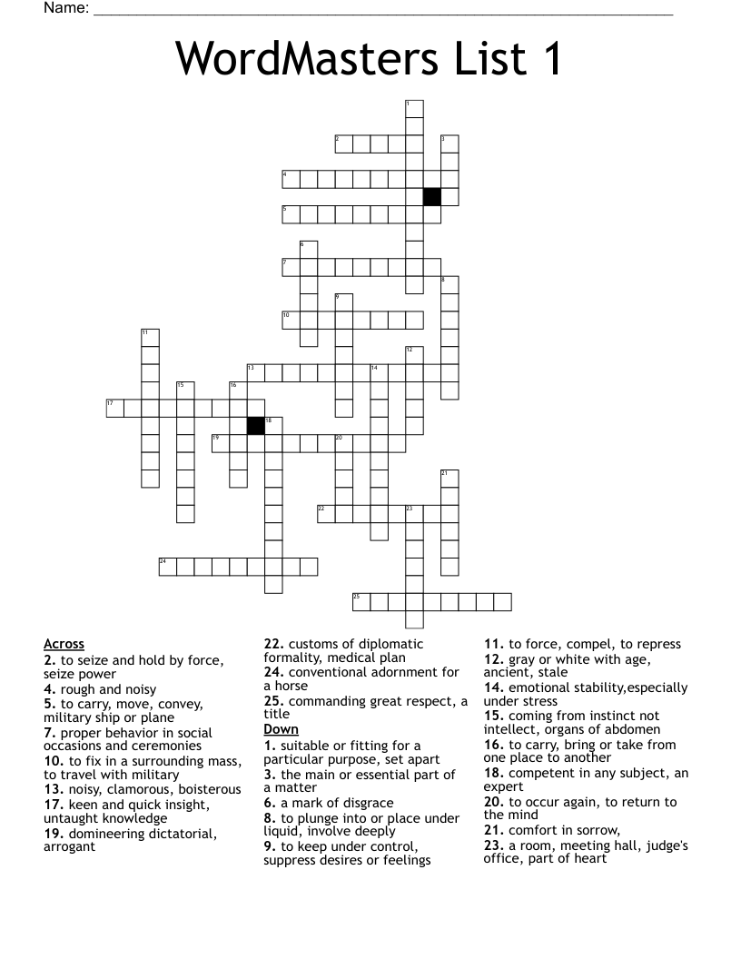 WordMasters List 1 Crossword
