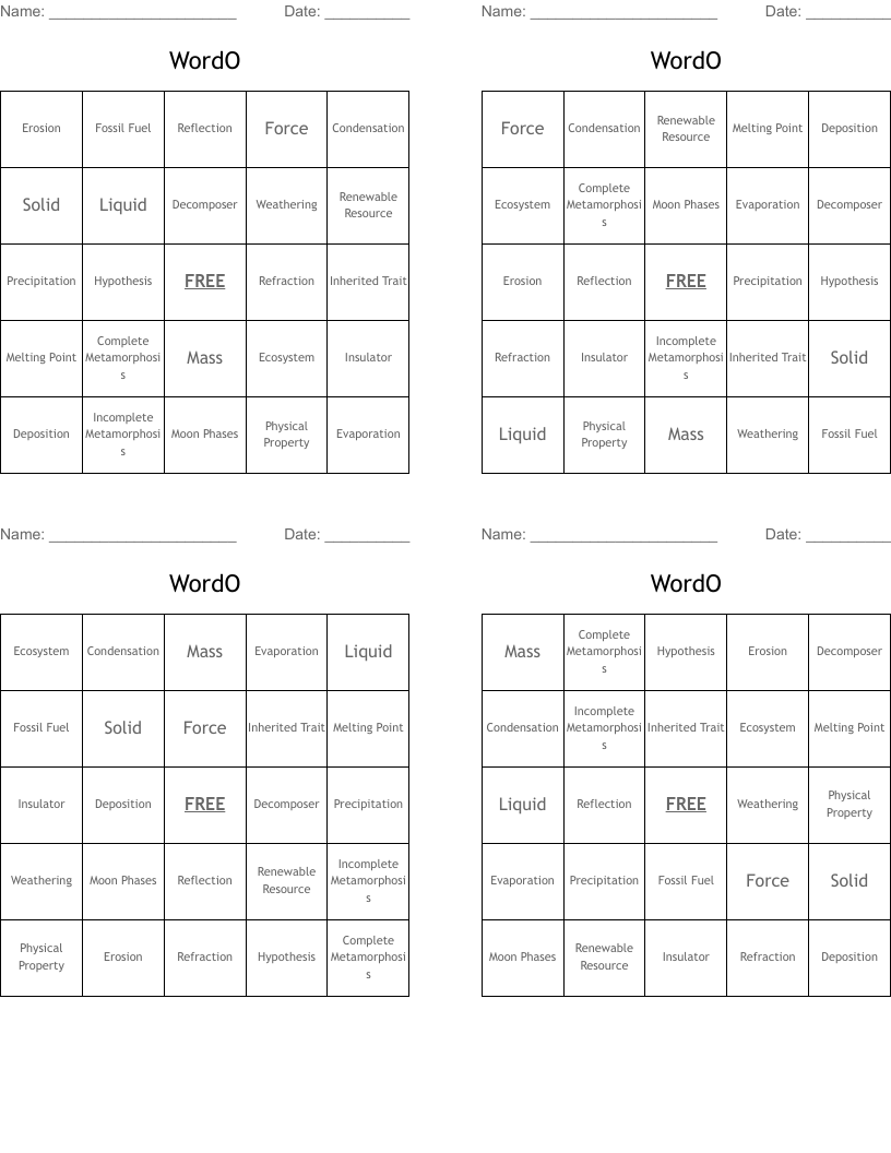WordO Bingo Cards