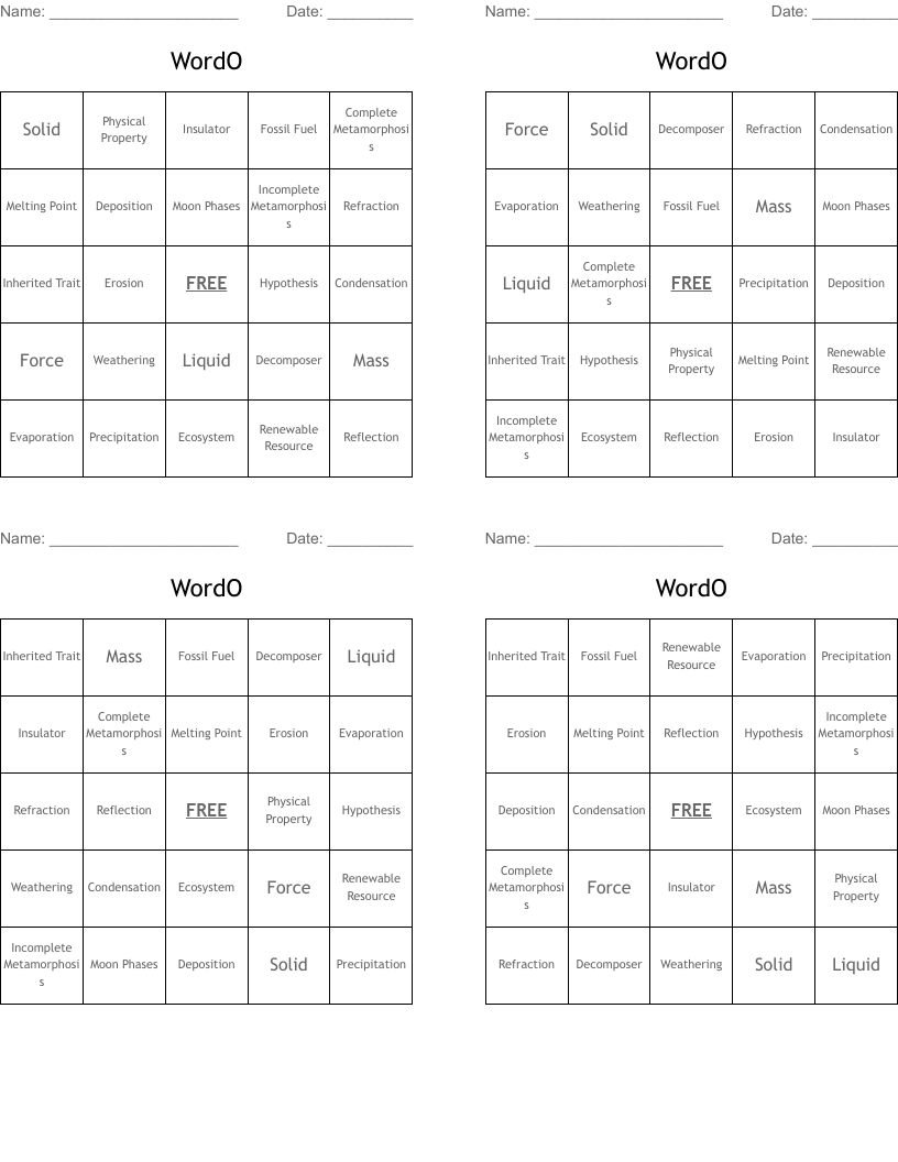 WordO Bingo Cards