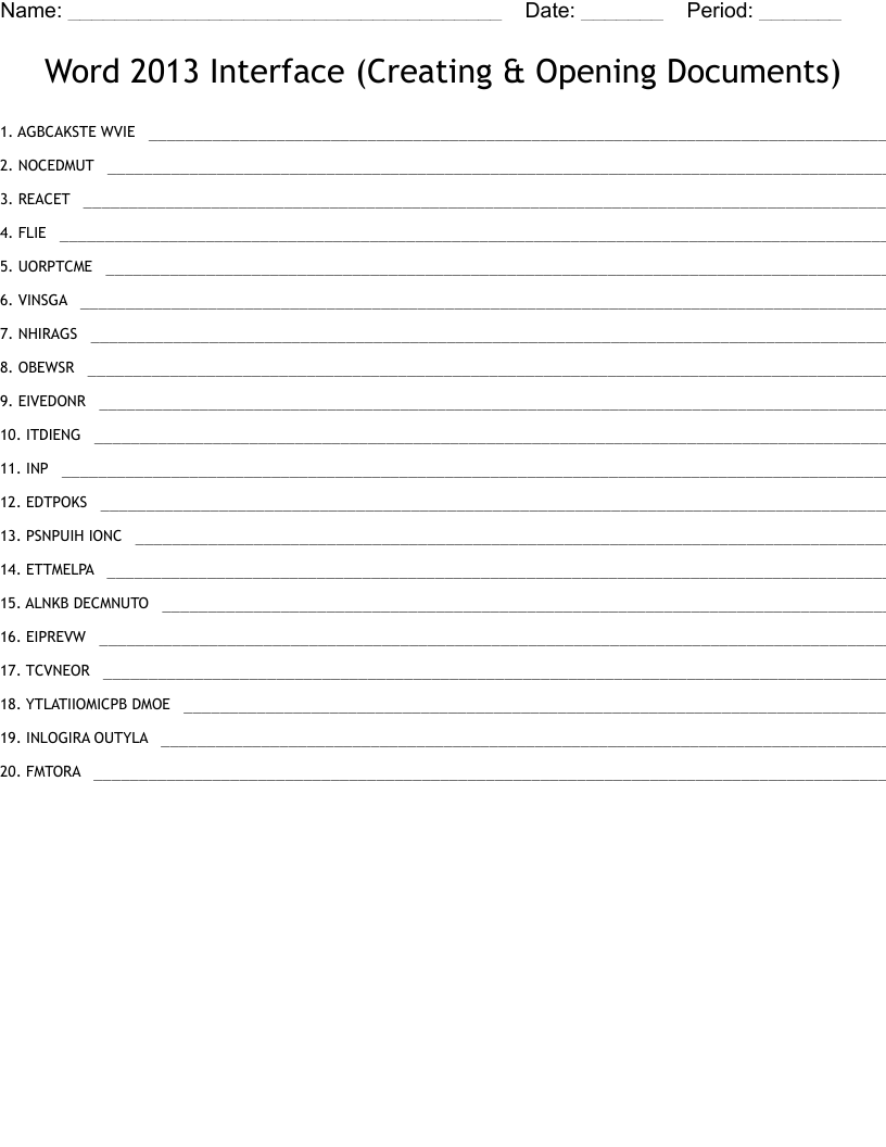 Word 2013 Interface (Creating & Opening Documents) Word Scramble