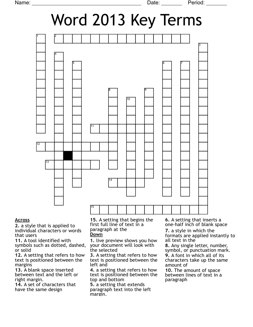 Word 2013 Key Terms Crossword