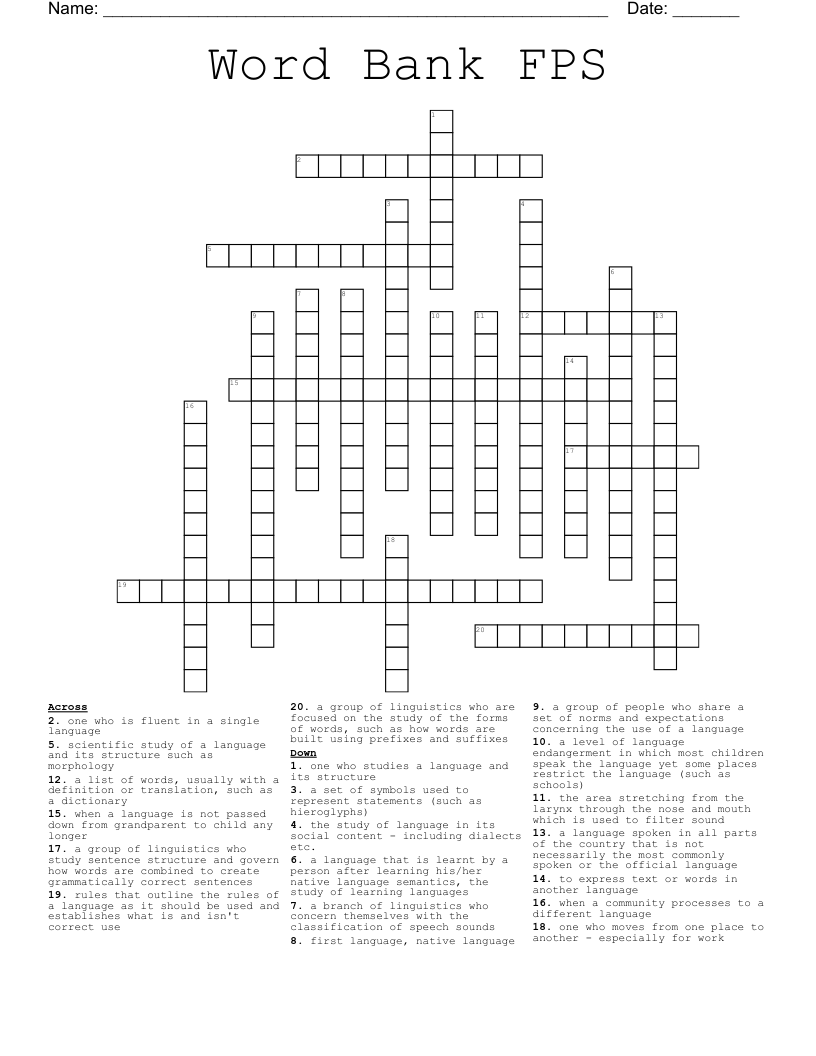 Word Bank FPS Crossword