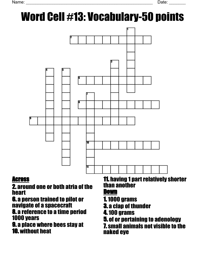 Word Cell #13: Vocabulary-50 points Crossword