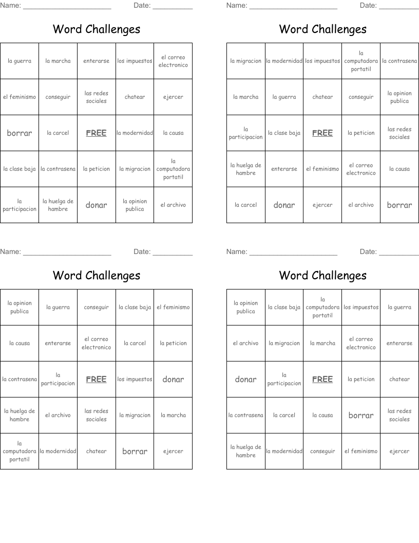 Word Challenges Bingo Cards