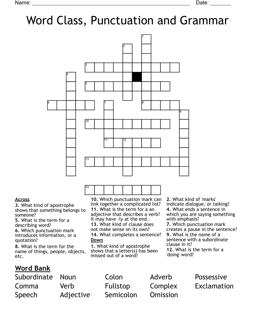 Word Class, Punctuation and Grammar Crossword
