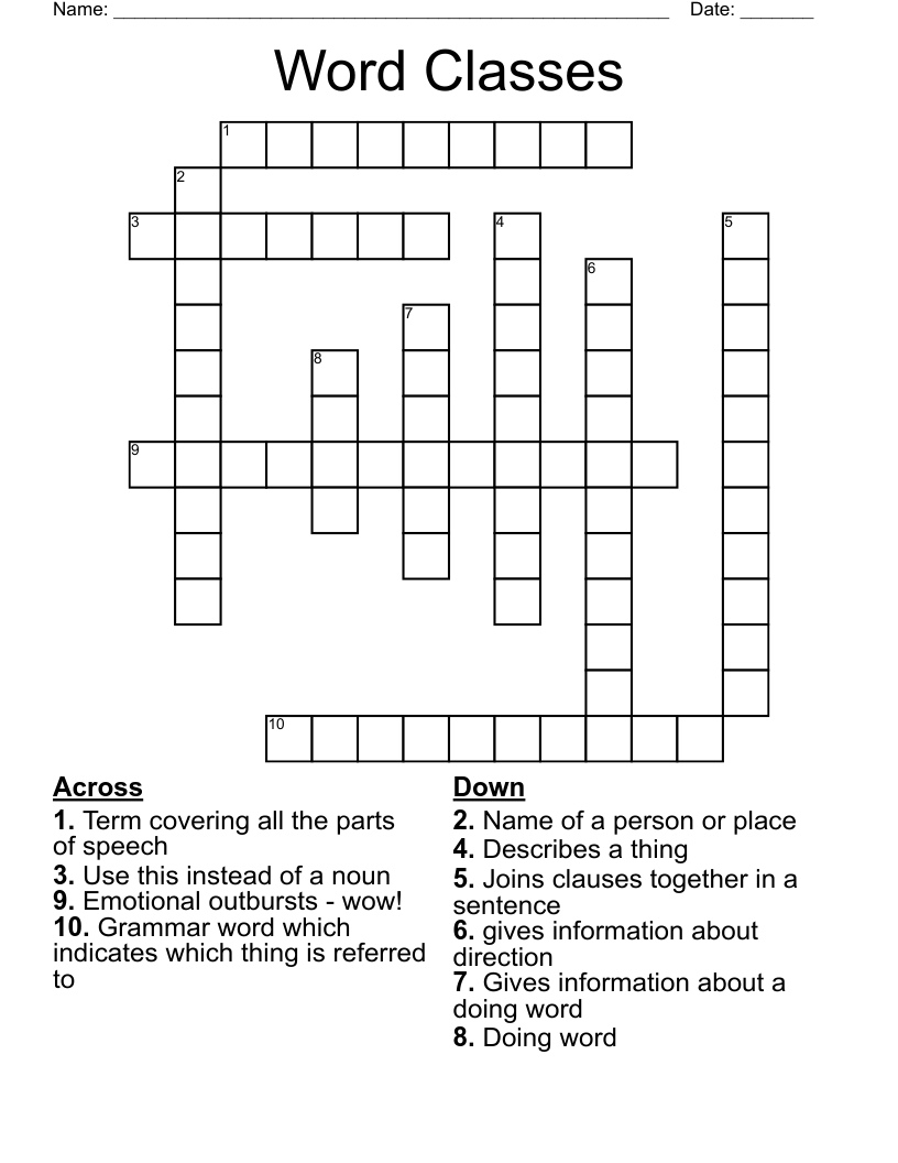 Word Classes Crossword