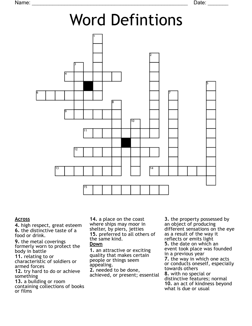 Word Defintions  Crossword