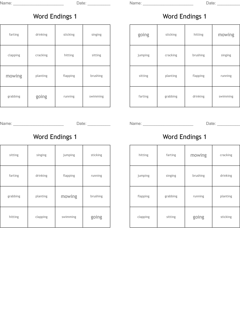 Word Endings 1 Bingo Cards