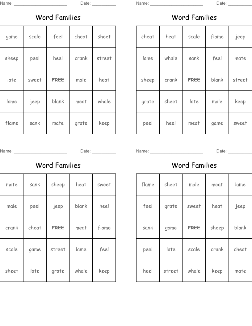 Word Families Bingo Cards