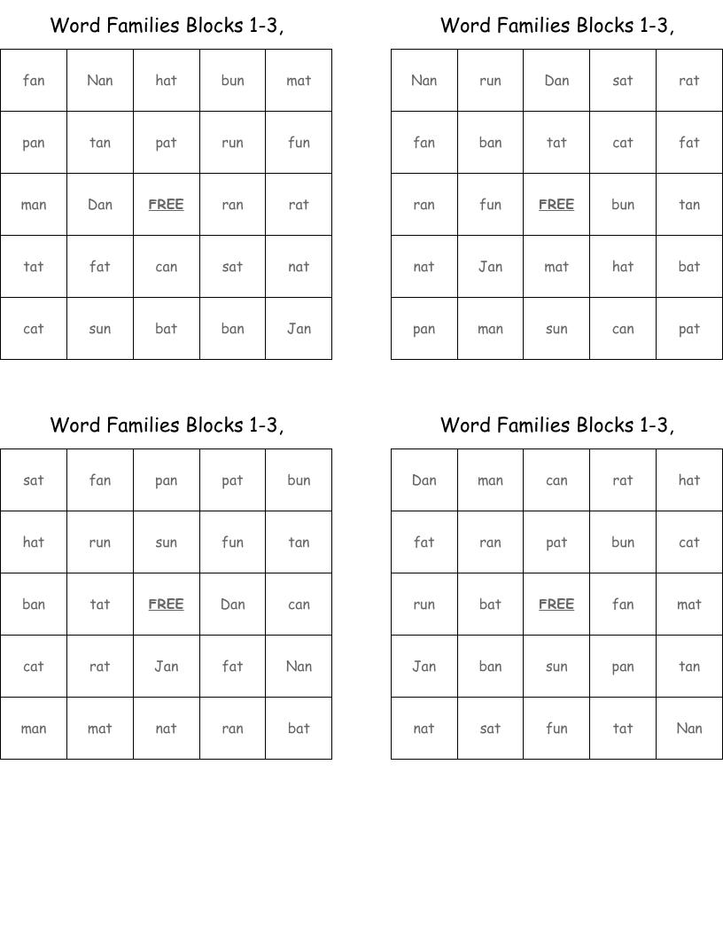 Word Families Blocks 1-3,  Bingo Cards