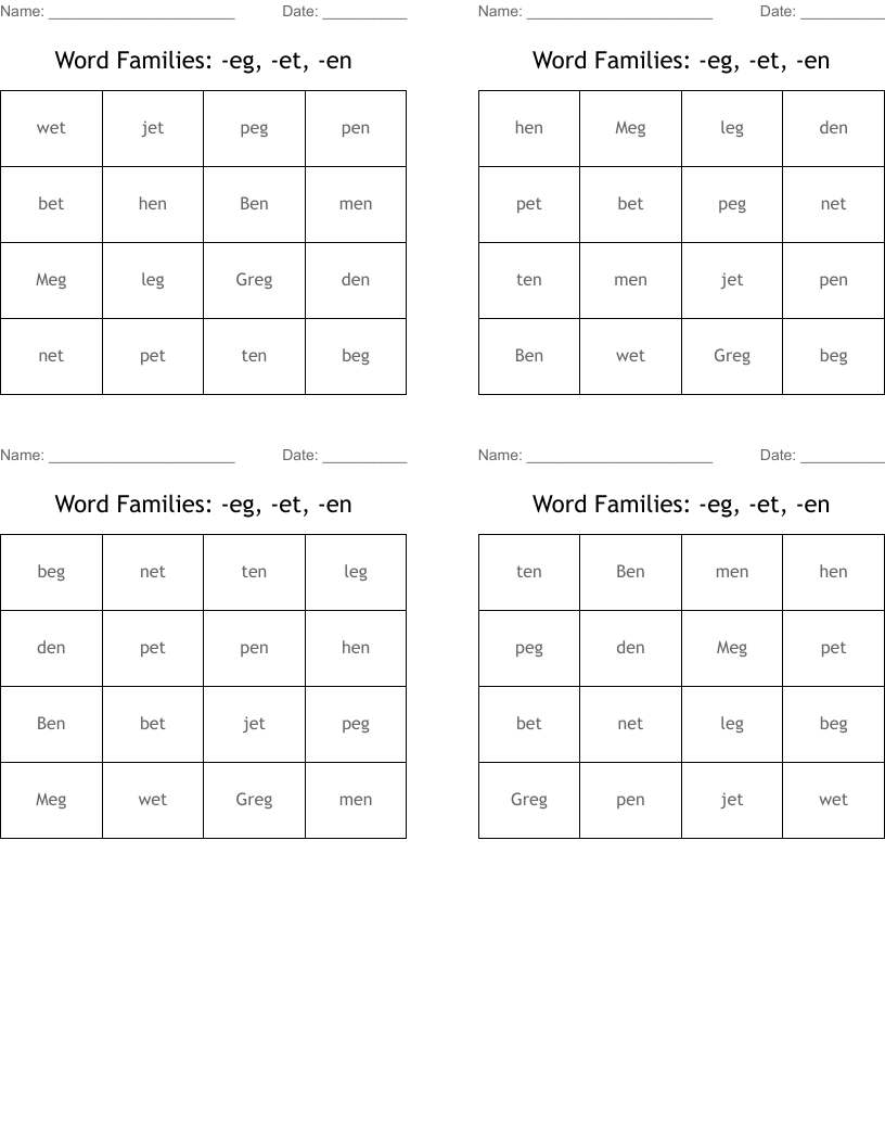 Word Families: -eg, -et, -en Bingo Cards