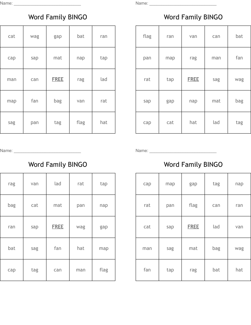 Word Family BINGO