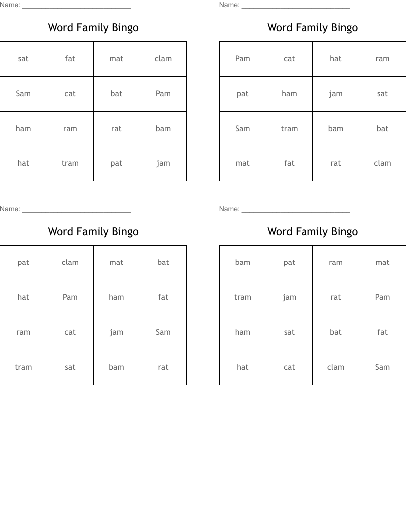 Word Family Bingo