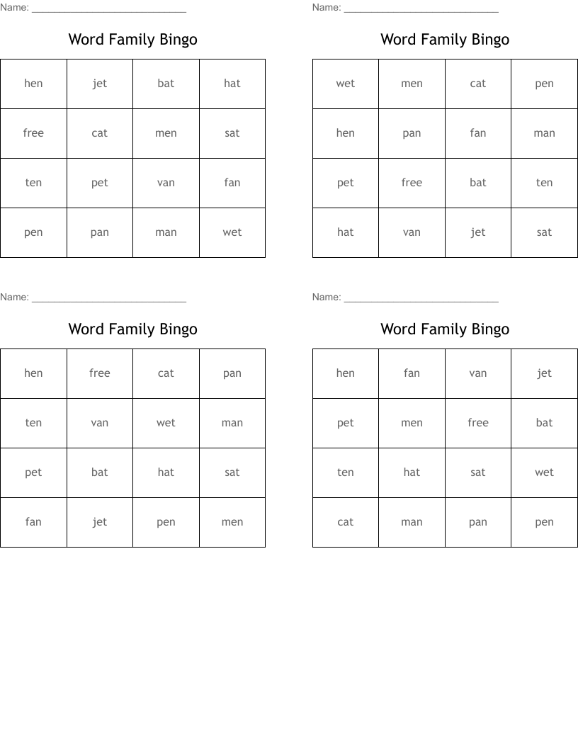 Word Family Bingo