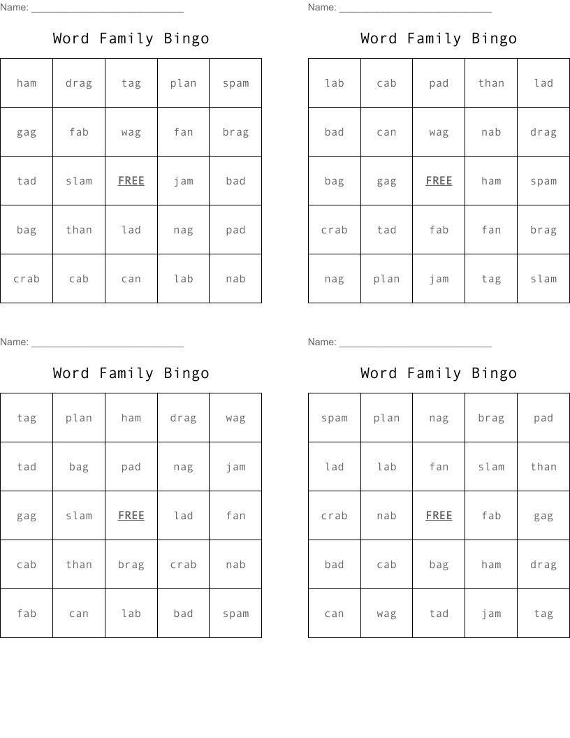 Word Family Bingo