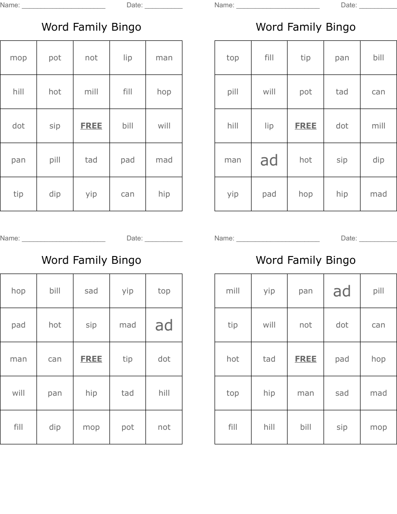 Word Family Bingo