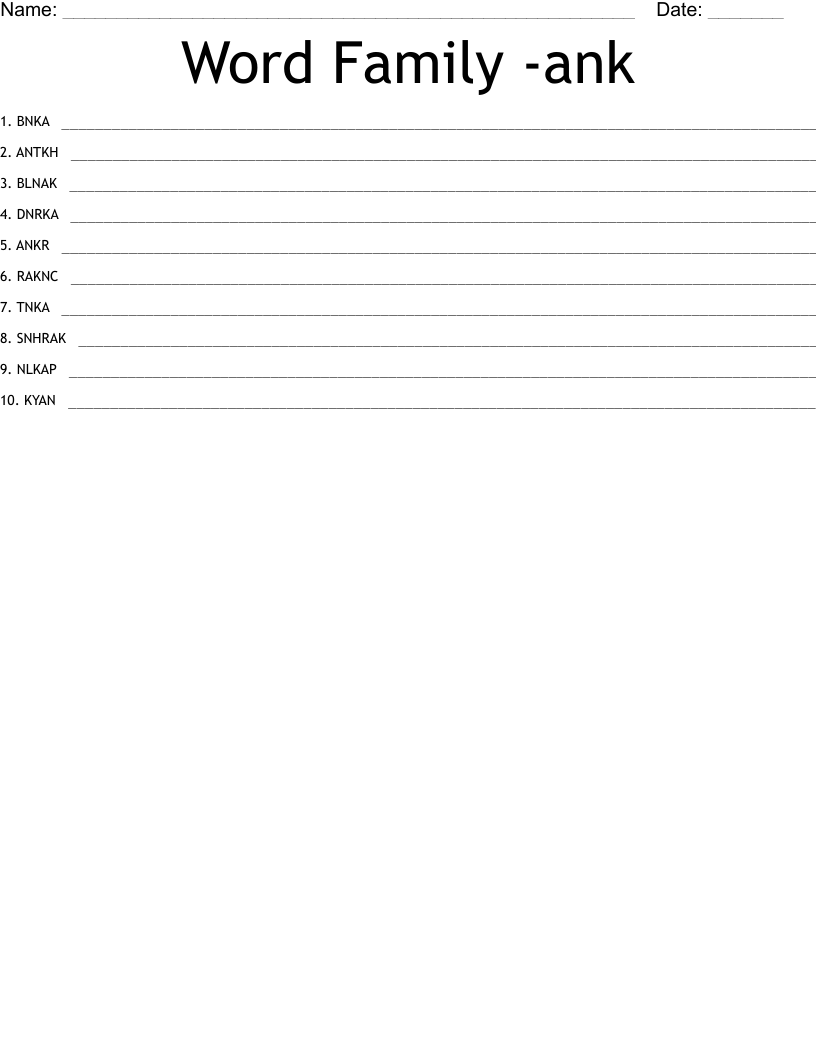 Word Family -ank Word Scramble