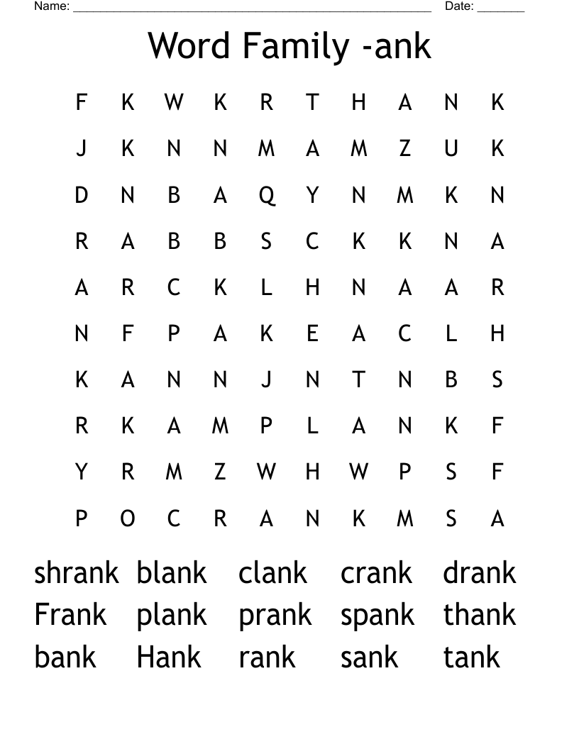 Word Family -ank Word Search