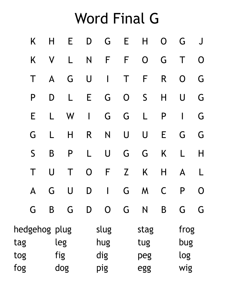 Word Final G Word Search