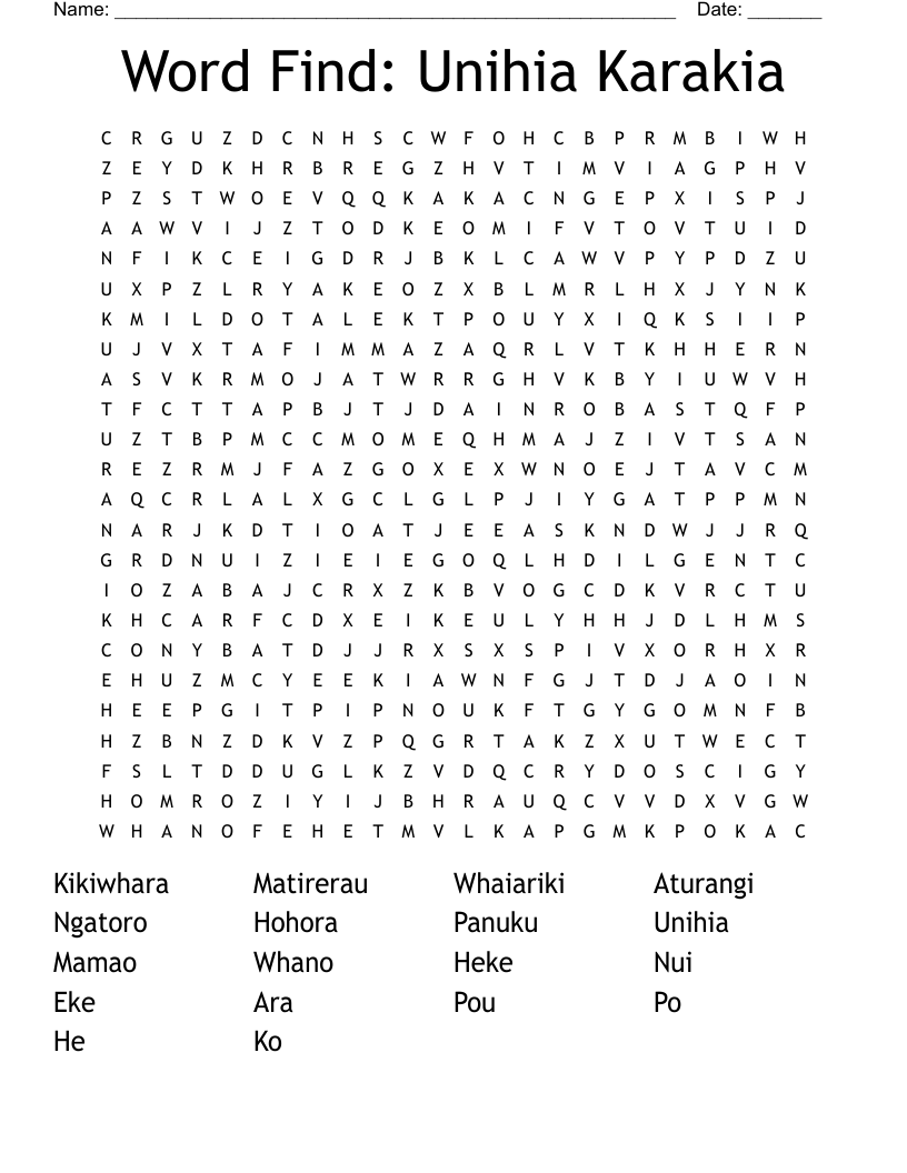 Word Find: Unihia Karakia  Word Search