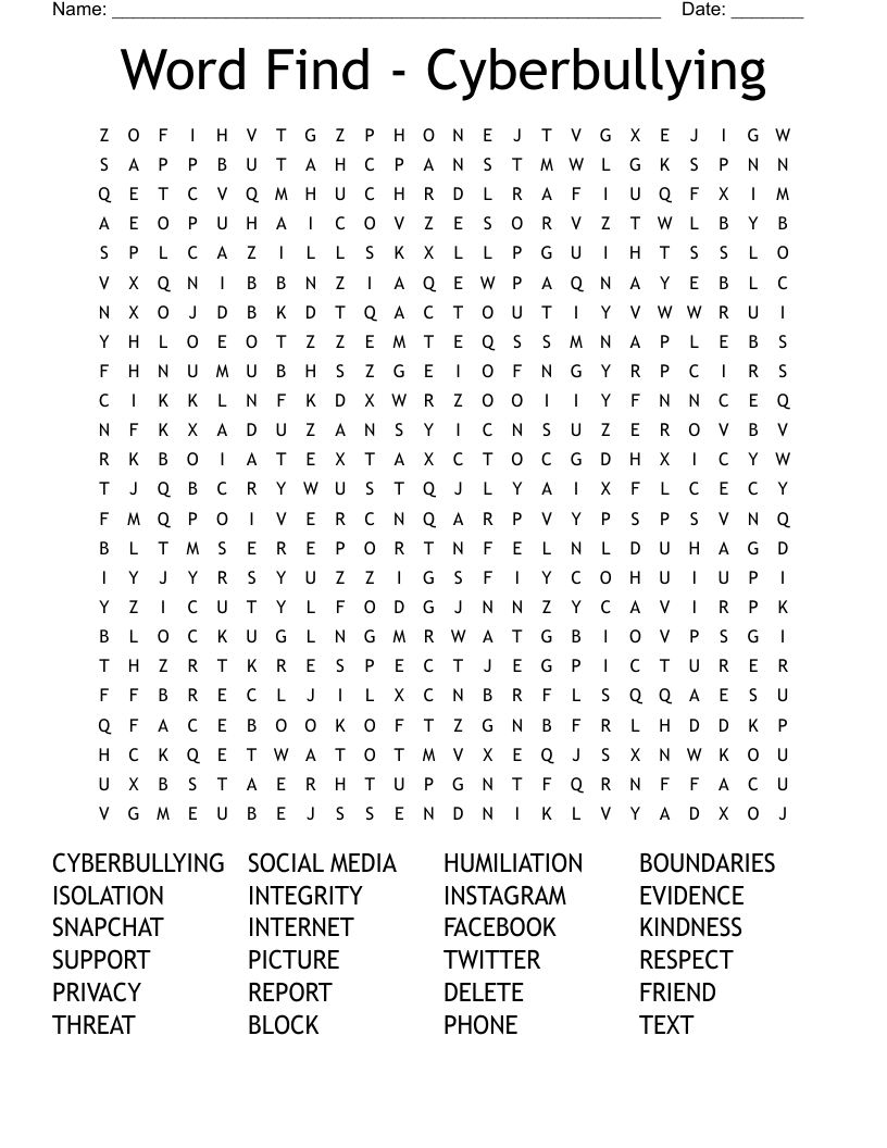 Word Find - Cyberbullying Word Search