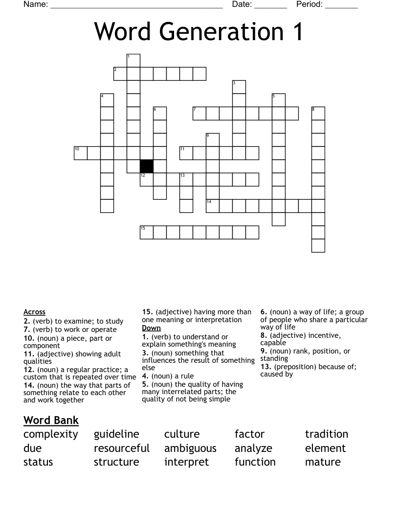 Word Generation 1 Crossword
