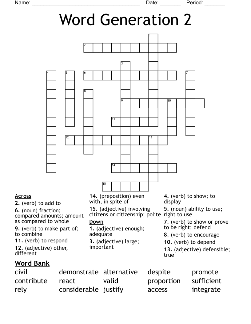 Word Generation 2 Crossword