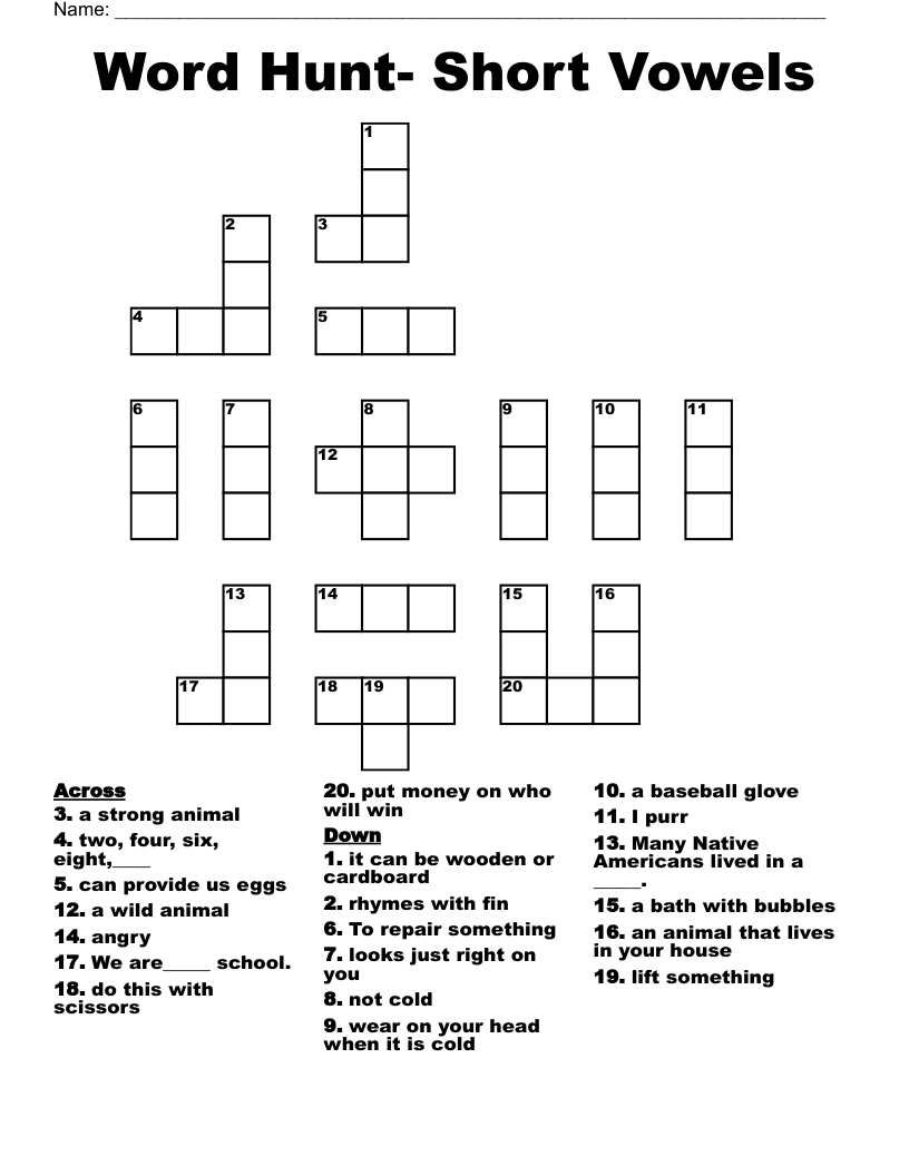 Word Hunt- Short Vowels Crossword