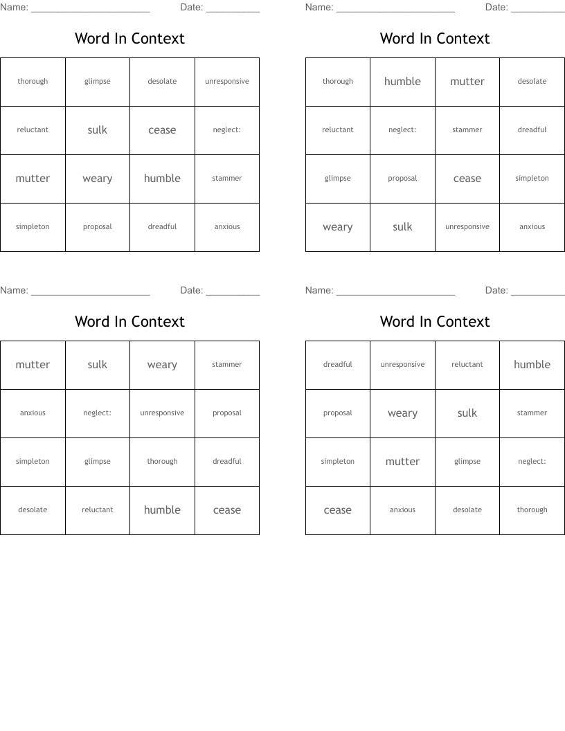 Word In Context Bingo Cards