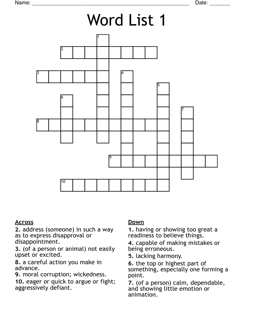 Word List 1 Crossword