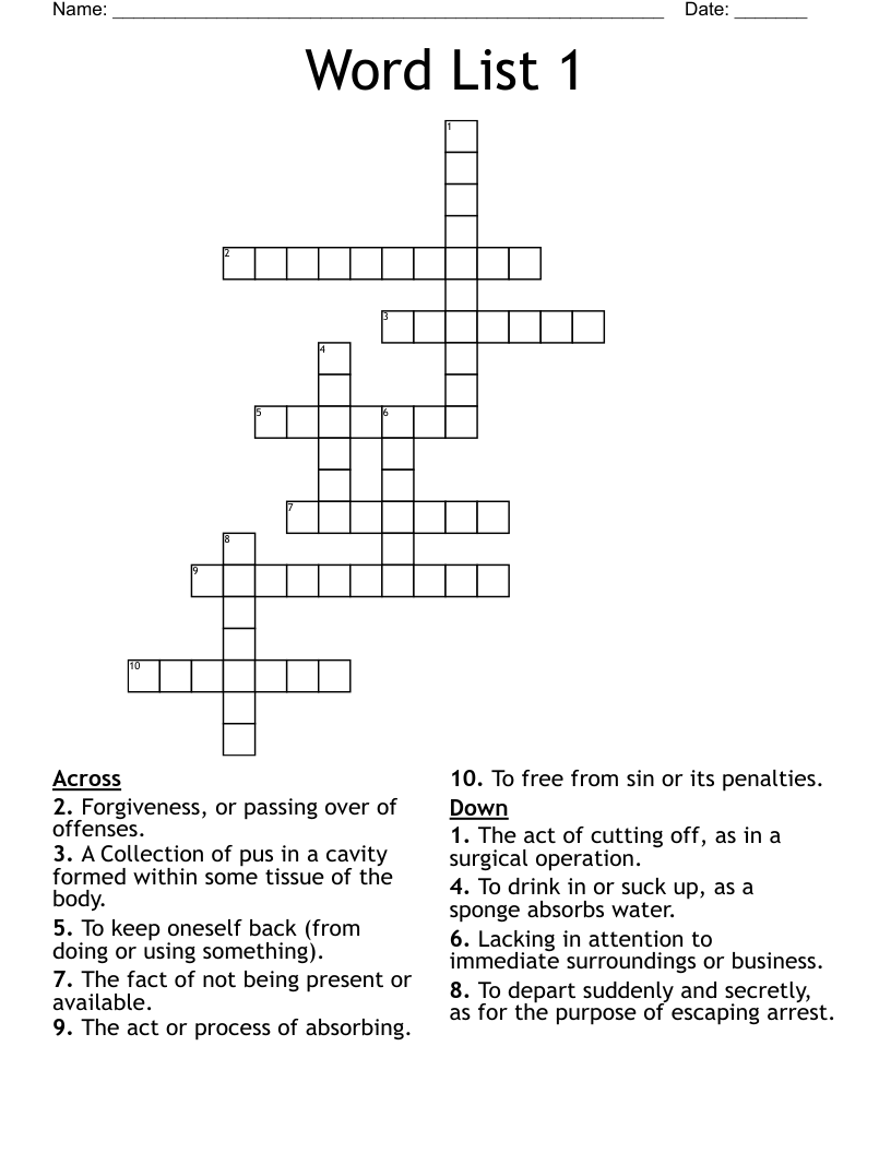 Word List 1 Crossword