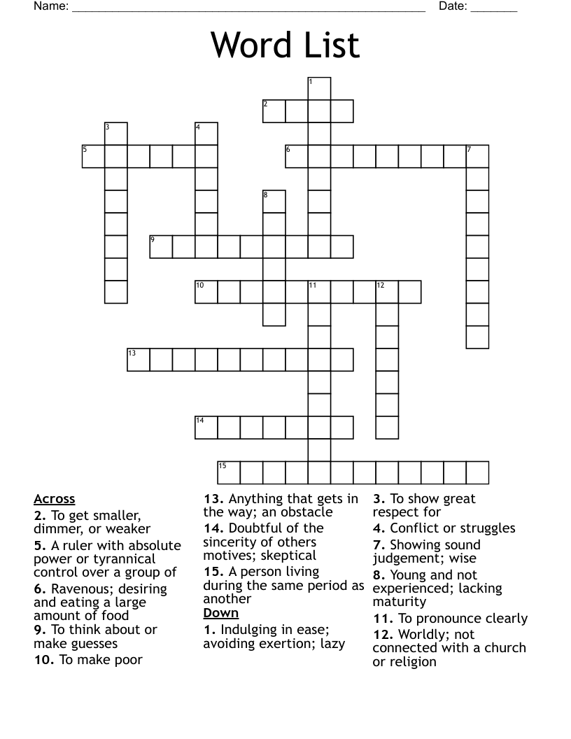 Word List Crossword