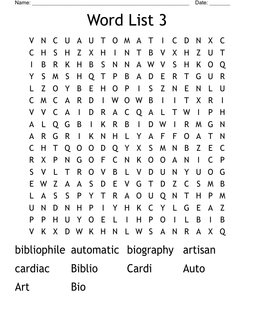 Word List 3 Word Search