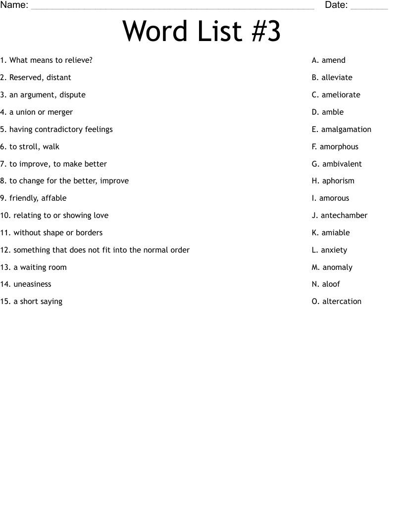 Word List #3 Worksheet