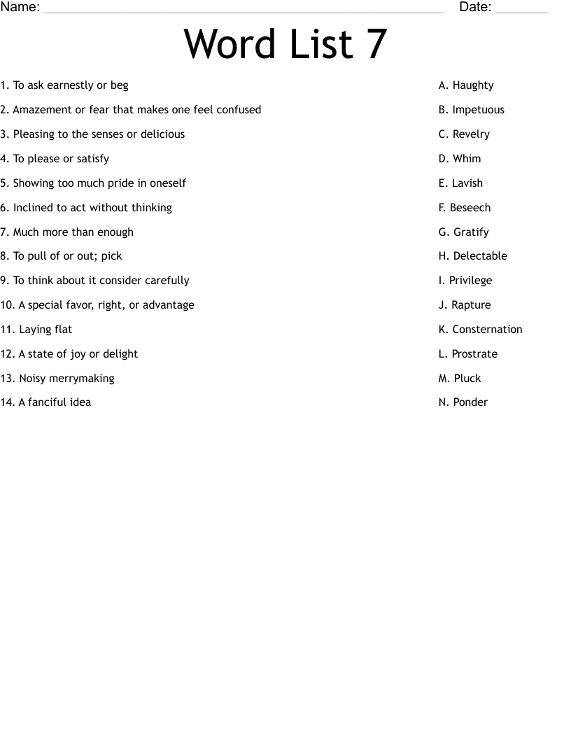 Word List 7 Worksheet