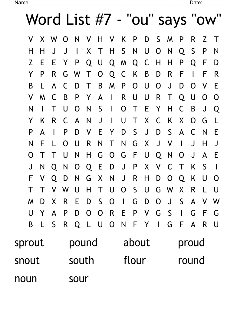 Word List #7 - "ou" says "ow" Word Search