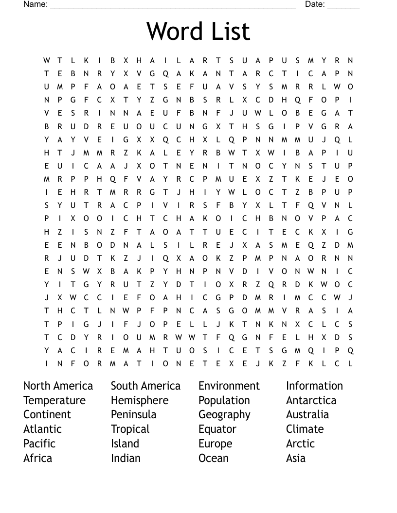 Word List Word Search