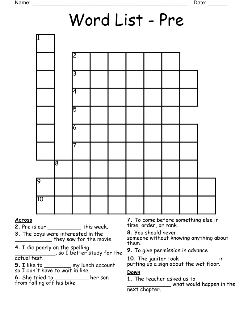 Word List - Pre Crossword