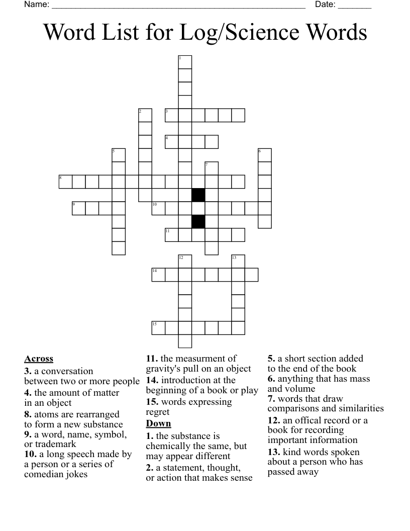Word List for Log/Science Words Crossword