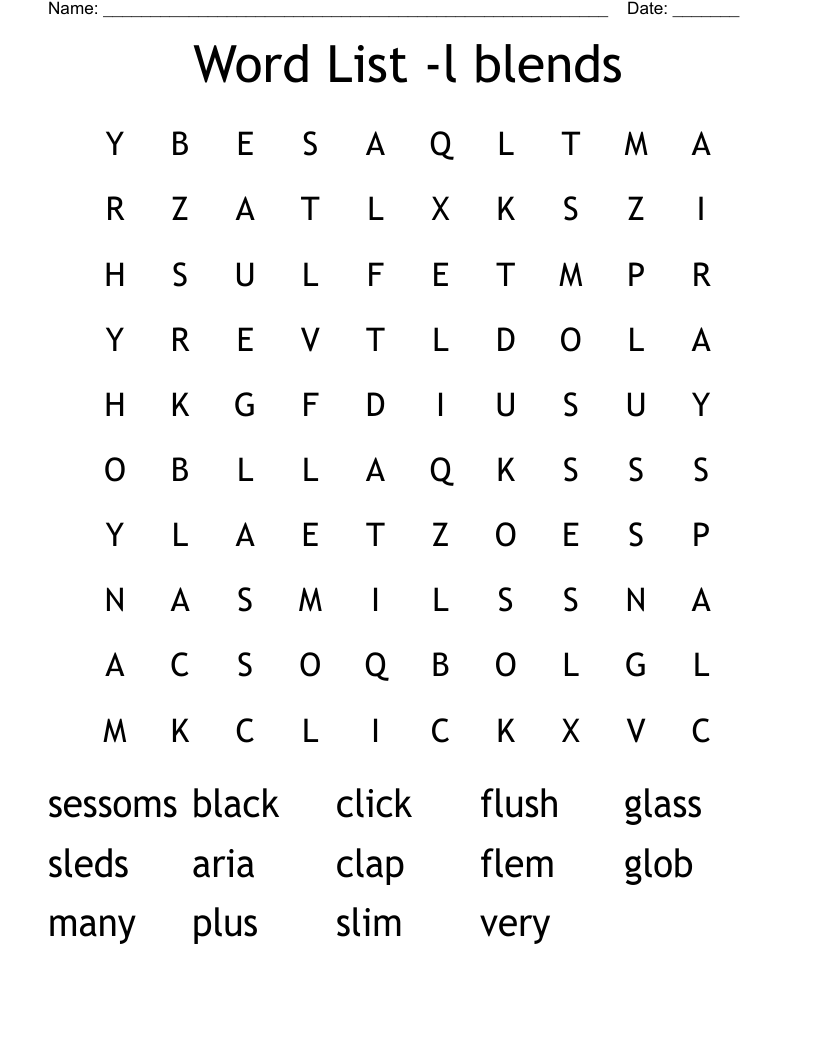 Word List -l blends Word Search